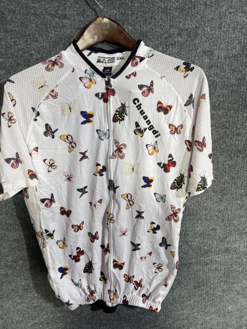 Chuangdi Cycling Jersey Mens 3XL White Butterfly Print Full Zip Pockets Bike